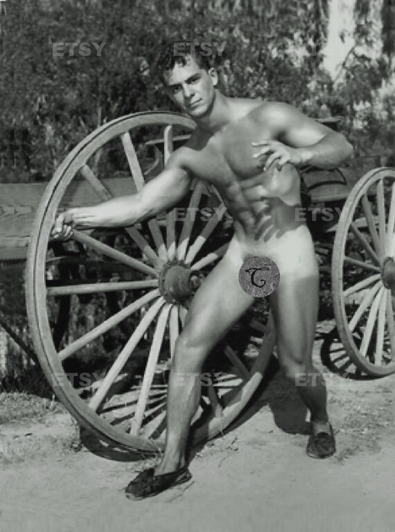 Model with Wheel Gay Nude Vintage Photo 1950s Male Nude Photography  Photograph Print Handsome Naked Man Gay Interest penis 6007