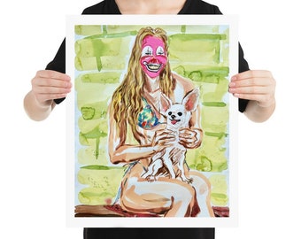 Petra and Stew the Dog, Smiling, Clown Face, Dog Lover, Small Dog, Lap Dog, Bikini Art Poster, Weird, Offbeat