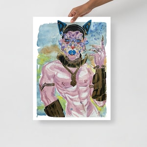May include: A watercolor print of a muscular figure with elaborate makeup and accessories. The figure wears a blue cat-ear headpiece, gold jewelry, and arm cuffs. The background features a watercolor wash with blue butterflies.