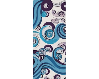 May include: A white yoga mat with a blue and purple abstract pattern of swirls and circles.