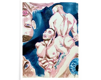 Mirror blue eyes, Gay portrait art, Male portrait, LGBTQ art print