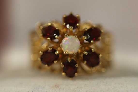 Vintage 14k Yellow Gold Heart Fire Opal Garnet Fl… - image 2