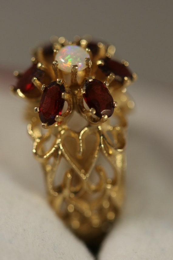 Vintage 14k Yellow Gold Heart Fire Opal Garnet Fl… - image 6