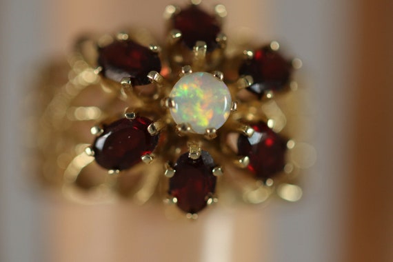 Vintage 14k Yellow Gold Heart Fire Opal Garnet Fl… - image 1