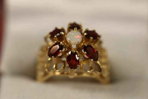 Vintage 14k Yellow Gold Heart Fire Opal Garnet Fl… - image 4