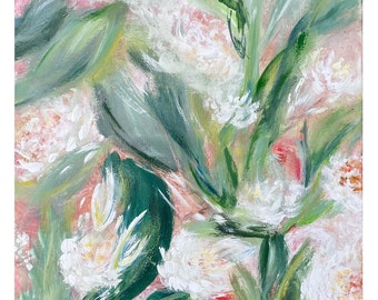 Camelie a marzo - Stampa d'arte originale pittura ad acquerello, Oceano blu astratto e sabbia estiva rosa
