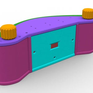 May include: A 3D printed camera with a purple, green, and turquoise body. The camera has two orange knobs on the top and a red rectangle in the center.