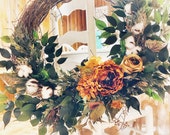 Rustic Cotton Wreath, Front Door Wreath, Rustic Wreath, Farmhouse Wreath, Door Decor, Boho Decor, Autumn Wreath , Rust Color, Fall Wreath
