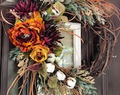 Rust Burgundy Fall Wreath, Front Door Wreaths, Rustic Wreath, Door Décor, Front Door Wreath, Boho Door Wreath, Autumn Wreath, Fall Decor