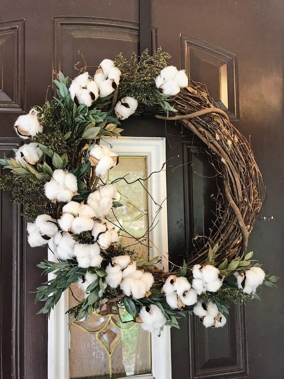 Cotton Wreath Rustic Wreaths Spring Cotton Wreaths Spring Etsy