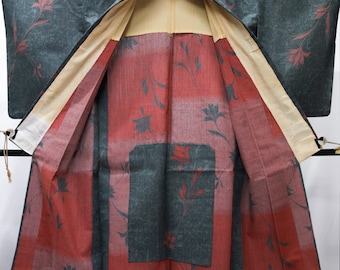 Chic deep green with Red flowers Jacquard KIMONO / S045 / Japanese Vintage KIMONO
