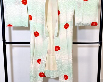 Pretty red flower, Pale pink and mint silk Juban / S064 / Japanese Vintage KIMONO