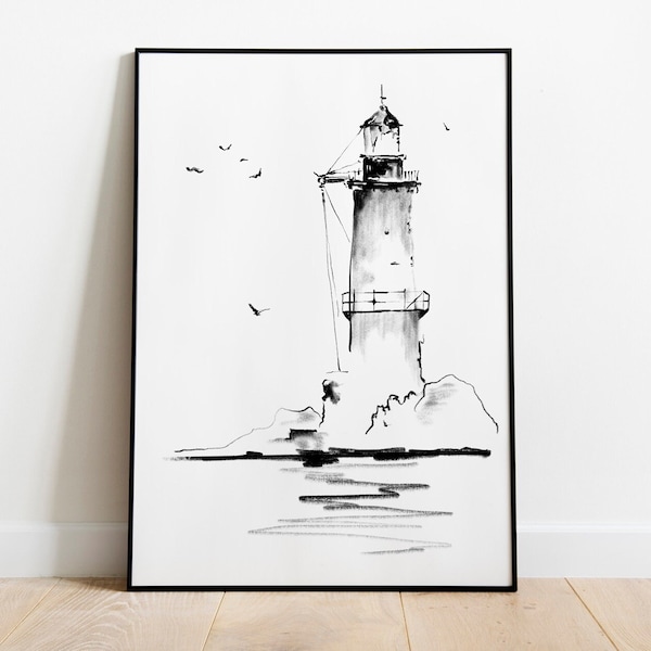 Lighthouse Wall Art |  Minimalist Art | Lighthouse Print | Black and White Prints