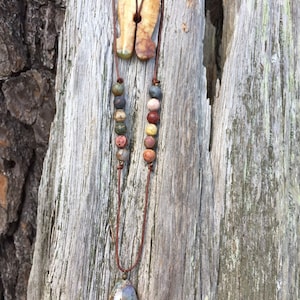 Double strand Picasso Jasper beaded necklace with leather cording and agate pendant