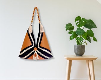 Crochet Boho Leather Bag Pattern, **PDF pattern, NOT a finished product, crochet bag, granny square bag, motif bag, leather bag, retro bag