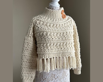 Crochet Sweater Pattern • Chunky Cropped Sweater • Easy Crochet Pullover Pattern • Winter Fringe Sweater • PDF Crochet Pattern