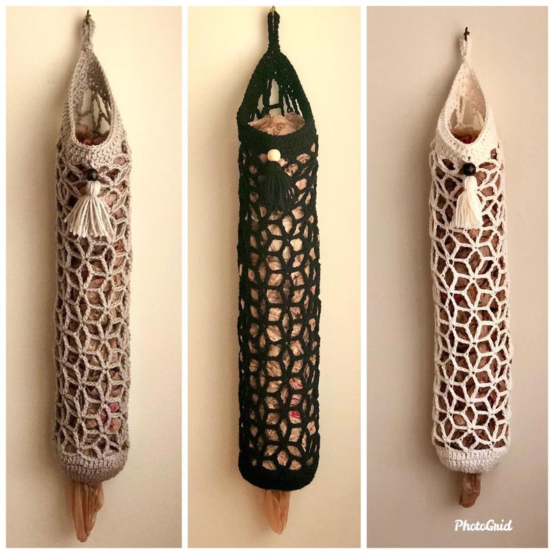 Crochet grocery bag holder pattern in beautiful boho crochet design. This functional boho bag saver will look great as crochet wall decor and function as a crochet organizer.