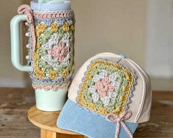 Granny Square Cup Cozy and trucker hat applique crochet pattern, tumbler cover