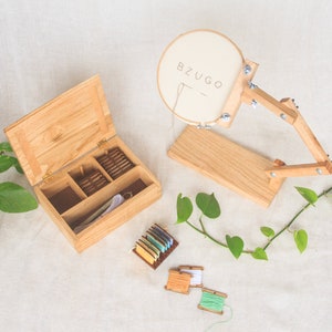 Embroidery Box | 24 bobbins for thread | Magnetic Needle Holder | Handmade | Chestnut Wood | Embroidery Accessories & Threads Organization
