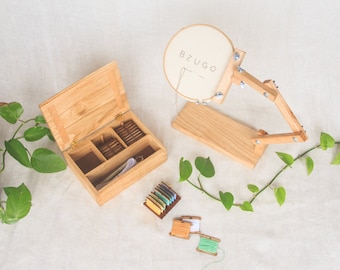 Embroidery Box | 24 bobbins for thread | Magnetic Needle Holder | Handmade | Chestnut Wood | Embroidery Accessories & Threads Organization