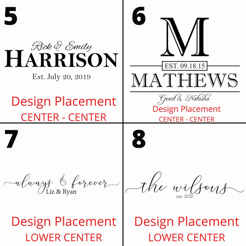 K&ouml;nnte beinhalten: Ein digitales Bild, das acht verschiedene Designoptionen f&uuml;r personalisierte Schilder zeigt. Jedes Design verf&uuml;gt &uuml;ber einen anderen Namen, ein anderes Datum und eine andere Designplatzierung. Die Designs sind von 5 bis 8 nummeriert.