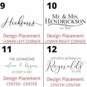K&ouml;nnte beinhalten: Eine Grafik mit 4 verschiedenen Design-Platzierungsoptionen f&uuml;r ein individuelles Schild. Die Optionen sind: untere linke Ecke, untere rechte Ecke, Mitte-Mitte und Mitte-Mitte. Der Text auf dem Schild enth&auml;lt die Namen Hicksons, Mr. & Mrs. HENDRICKSON est. 2020, THE JOHNSONS alice & bryan OKTOBER 14, 2020, und Johnathan & Rebecca Reynolds Est. 2020.