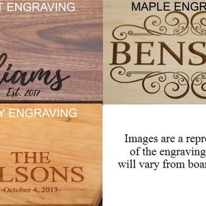 May include: Three wooden cutting boards with different wood types and personalized engravings. The top board is walnut with the text "Williams Est. 2017". The middle board is maple with the text "BENSON" in a decorative font. The bottom board is cherry with the text "THE OLSONS -October 4, 2013-".