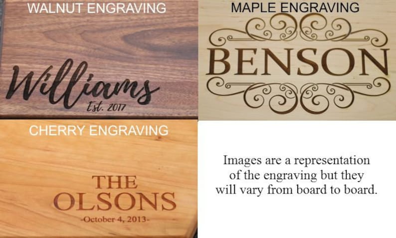 May include: Three wooden cutting boards with different wood types and personalized engravings. The top board is walnut with the text "Williams Est. 2017". The middle board is maple with the text "BENSON" in a decorative font. The bottom board is cherry with the text "THE OLSONS -October 4, 2013-".