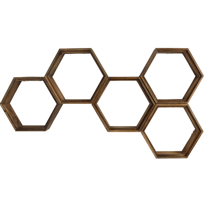 May include: A set of six wooden hexagonal shelves in a honeycomb pattern. The shelves are unfinished and have a natural wood colour.