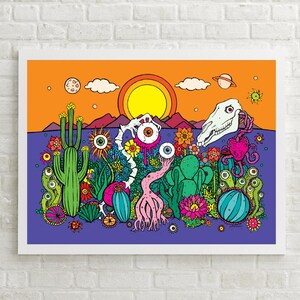 Psychedelischer Kaktus Art Print, Surreale Wandkunst, Trippy Pop Art Poster, Maximalistische Wandkunst, Dopamin-Dekor, Witchy Kunst, Wüstenoase Kunst