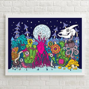 Poster psichedelico di luna piena, arte murale cosmica psichedelica, decorazione massimalista con dopamina, stampa artistica fantasy di foresta surreale, strano giardino carnivoro