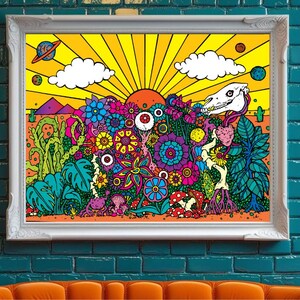 Obra de arte original dibujada a mano, póster psicodélico de rayos de sol, arte mural cósmico retro y psicodélico, impresión artística de calavera surrealista, decoración maximalista de dopamina.