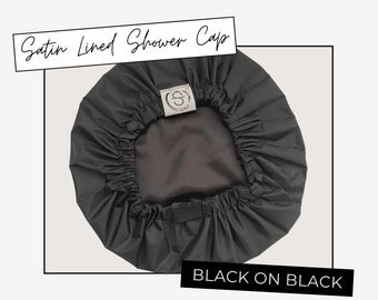 Satin Lined Waterproof Shower Bonnet - Black On Black