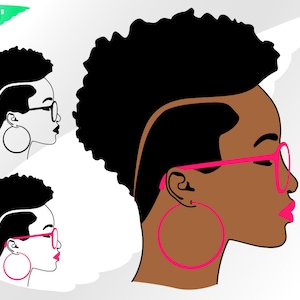 Donna nera svg – Ragazza nera svg – Donna afro svg – Capelli afro svg – Afro svg – Orecchini svg – Occhiali svg – eps, png, dxf pdf svg per cricut