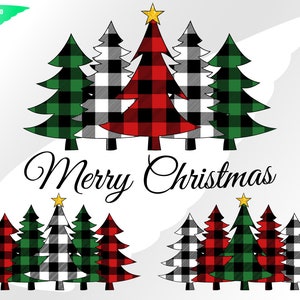 May include: A digital illustration featuring Christmas trees in red, green, and black and white buffalo plaid patterns. The phrase "Merry Christmas" is written in elegant script. Each tree is topped with a gold star.