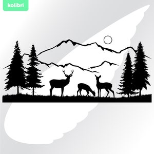Escena de la naturaleza svg – Ciervo svg – Clipart de escena de ciervo – Montañas de madera svg – Naturaleza svg – Ciervos svg – eps, png, dxf pdf svg para cricut, sublimar