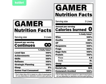 May include: A humorous infographic titled "Gamer Nutrition Facts" with a black and white design. The infographic lists the nutritional value of various gaming activities, such as wins, deaths, XP, respawns, frags, rage outs, protein, pizza, soda, sleep, social life, and homework avoided. The infographic states that the serving size is 3 lives and that the calories burned are 0.