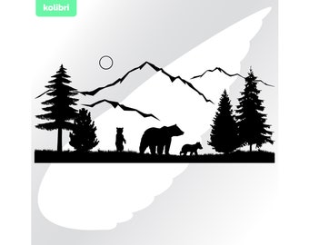 Nature scene svg – Bear svg – Scene clipart – Mountains svg – Cubs svg – Nature svg – Bears svg – eps, png dxf pdf svg for cricut, sublimate