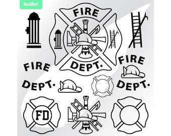 May include: Black and white line art illustrations of fire department symbols. The illustrations include a fire hydrant, a fire helmet, a ladder, a fire axe, a cross with the words "FIRE DEPT." and the letters "FD" inside a cross.