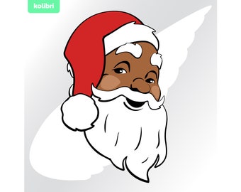 May include: A digital illustration of Santa Claus with brown skin, a red hat with white trim, and a long white beard. The image includes the word "kolibri" in a green box in the upper left corner. The background is a gradient of white and gray.