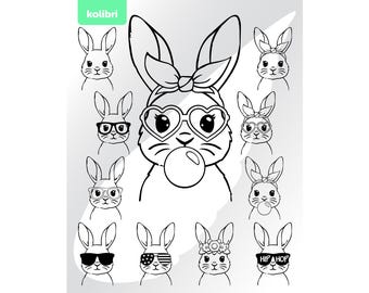 Kanin svg – Kaninbandana svg – Söt kanin svg – Linjeritning svg – Påsk svg – Kanin png – Ansikte svg – eps, png, dxf, pdf, svg för Cricut