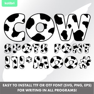 Lettertype koe - koevlekken svg – koe svg – alfabet koeletters svg – installeerbaar lettertype ttf, otf – eps png, dxf, pdf, svg voor cricut, procreate