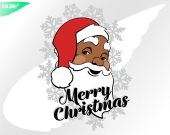 May include: A cartoon illustration of Santa Claus with a red hat and white beard, smiling. The text "Merry Christmas" is written in a script font below the Santa illustration. Gray snowflakes are in the background.