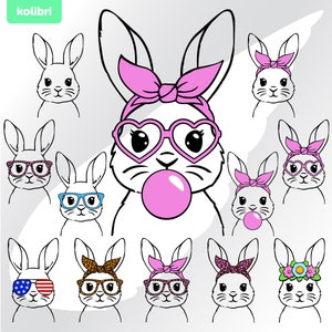 Bunny svg – Bunny bandana svg – Cute bunny svg – Heart glasses svg – Easter svg – Flower svg –  Face svg – eps, png, dxf pdf, svg for cricut