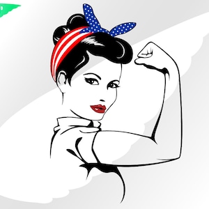 Puede incluir: Una ilustración en blanco y negro de una mujer con labios rojos y una bandana roja, blanca y azul con estrellas blancas. Está flexionando su bíceps con el puño en el aire.