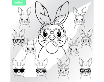 Bunny svg – Bunny bandana svg – Cute bunny svg – Line drawing svg – Easter svg – Bunny png –  Face svg – eps, png, dxf, pdf, svg for cricut