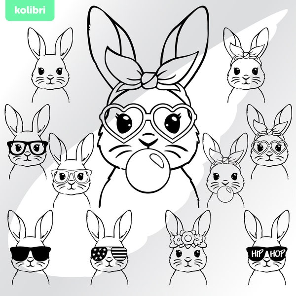 Bunny SVG – Bunny bandana SVG – schattig konijntje SVG – lijntekening SVG – Pasen SVG – Bunny PNG – gezicht SVG – EPS, PNG, DXF, PDF, SVG voor cricut