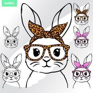 Bunny bandana svg – Bunny svg – Easter bunny svg – Leopard glasses svg – Easter svg –  Cute bunny face svg – eps png dxf pdf, svg for cricut