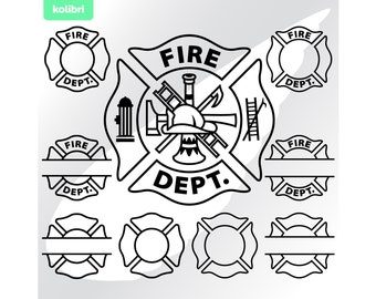 May include: Black and white line art design of a fire department emblem. The emblem features a crossed axe and ladder, a fire hydrant, a fireman's helmet, and a burning flame. The words "FIRE DEPT." are displayed in a banner.