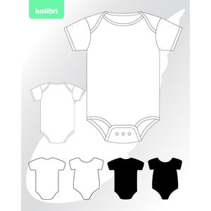 May include: Line drawing of a baby onesie in white, with short sleeves and snap closures. The image includes a smaller version of the onesie and two black onesies. The word "kolibri" is in a green rectangle in the upper left corner.